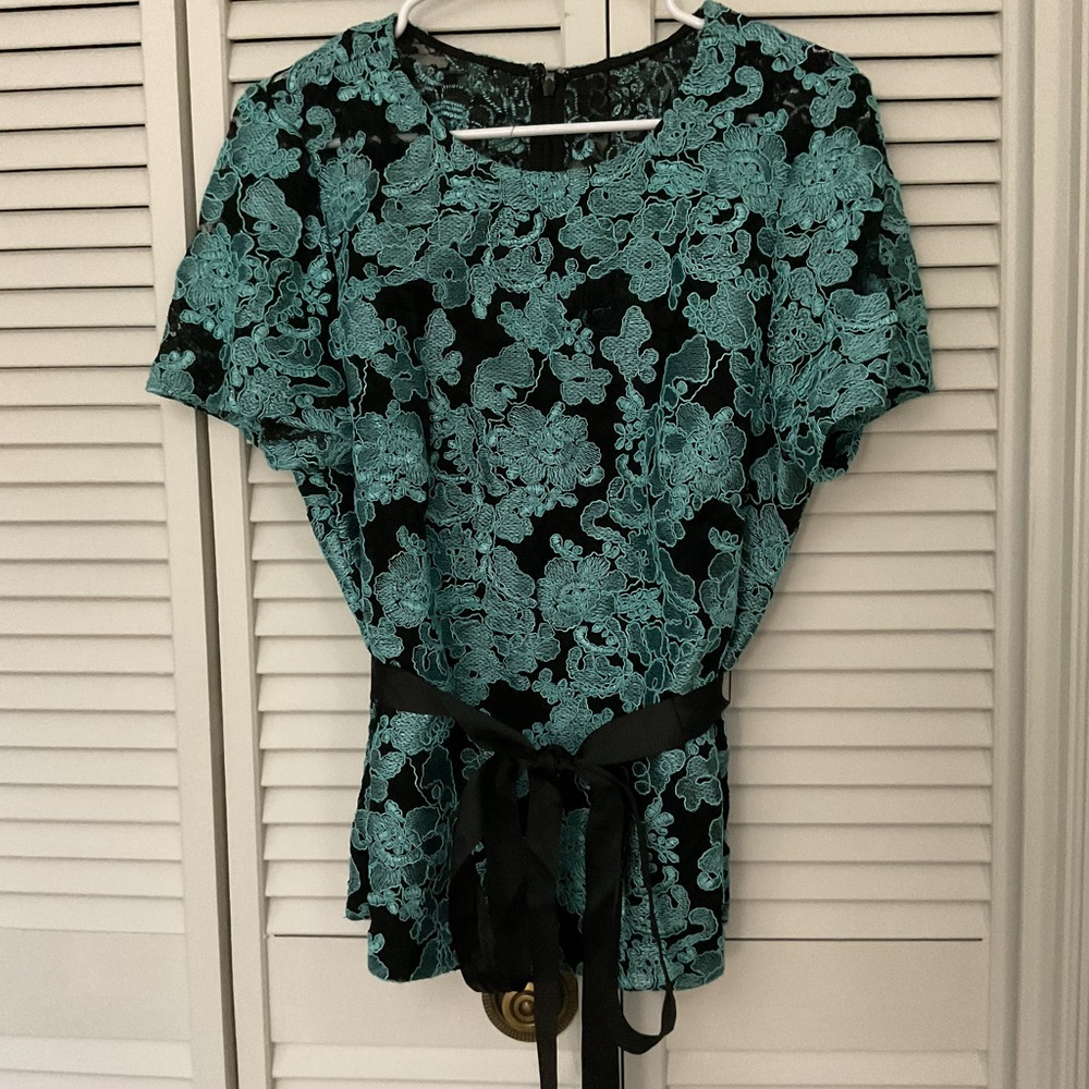 Alex Evenings Teal Floral Lace Blouse